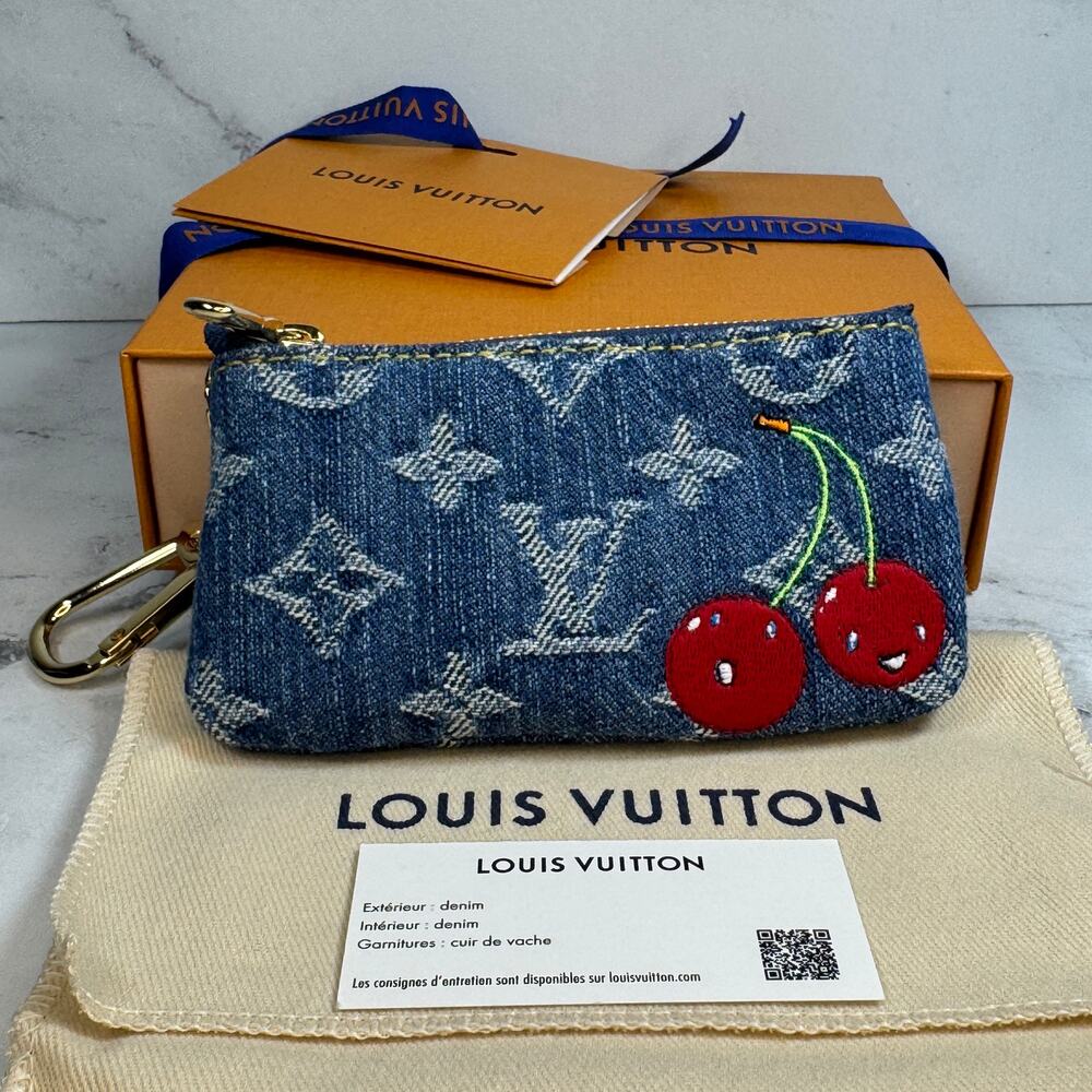 Louis Vuitton Denim Key Pouch Cherry LV X TM Murakami Monogram Cerises Bag Rare - Picture 1 of 14